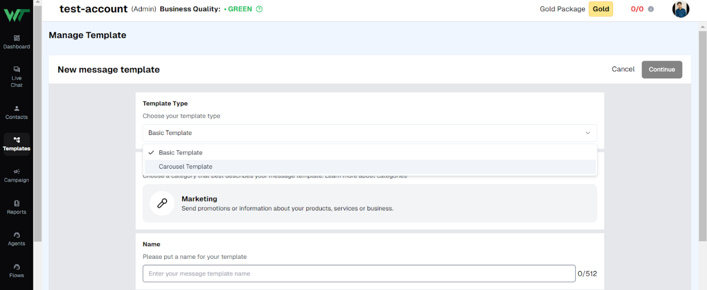 Create a new Carousel Template