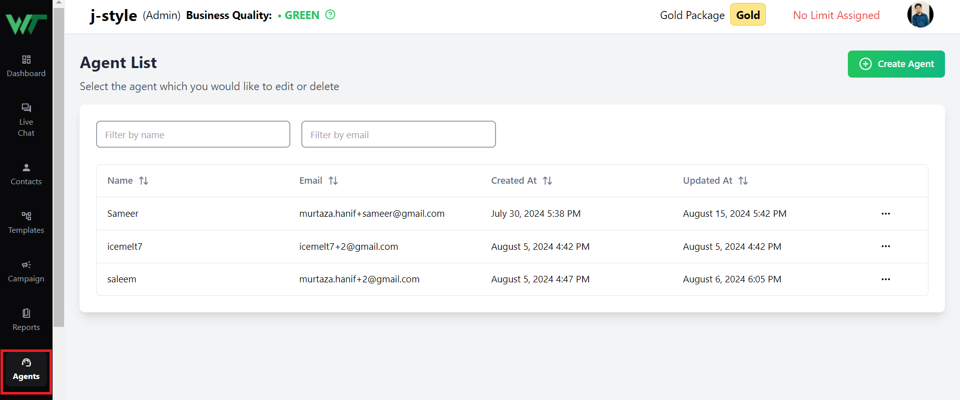 Go to Agents Page in Manage Section