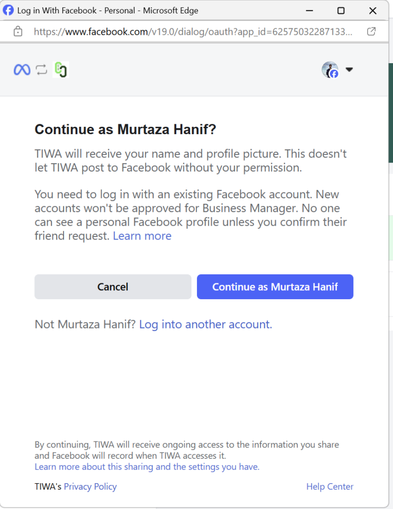 Click continue on facebook login screen